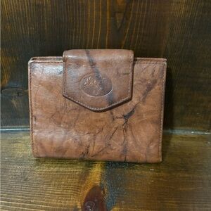 Buxton Brown Cowhide Leather Lily Stamp Foldover Snap Wallet Women’s Cardholder